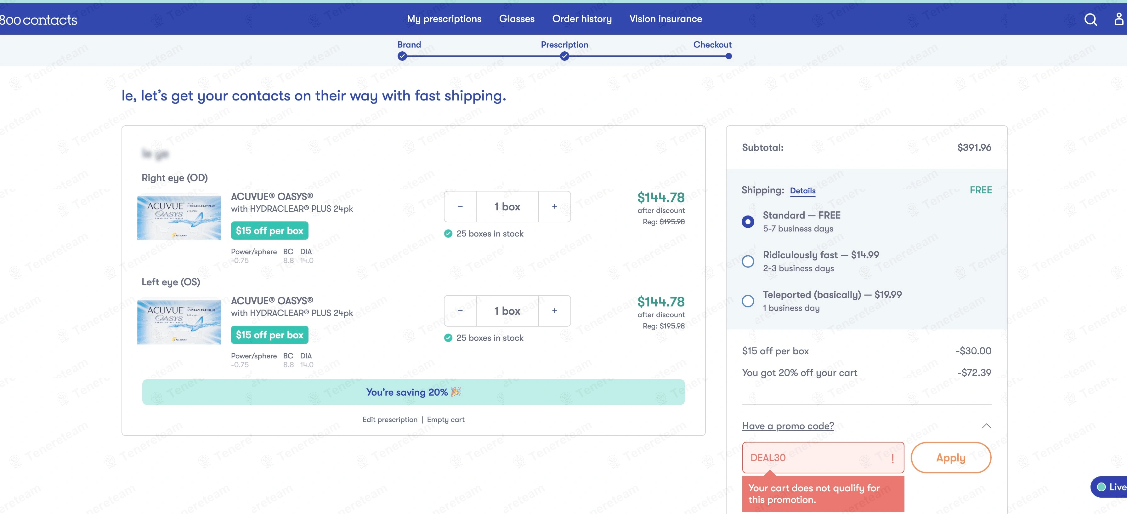 1-800 Contacts coupon code: $30 off with DEAL30. Tested and valid as 1 month ago.
