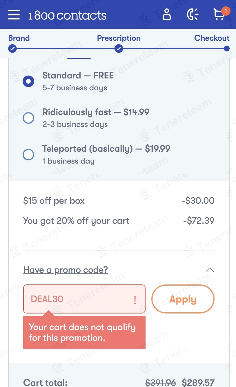1-800 Contacts coupon code: $30 off with DEAL30. Tested and valid as 1 month ago.