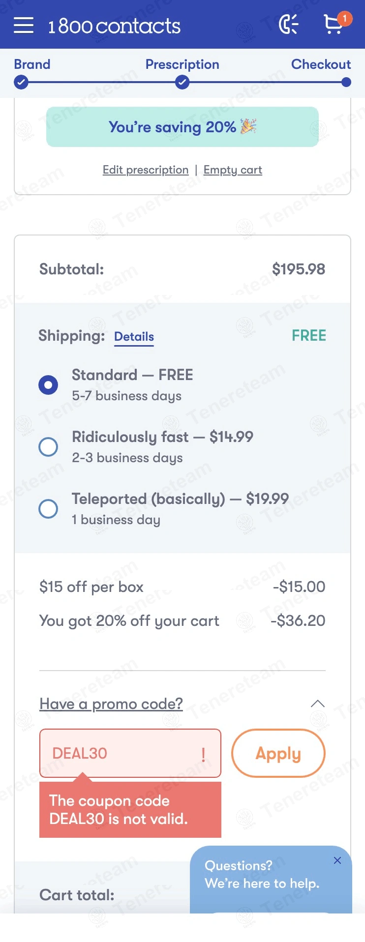 1-800 Contacts coupon code: $30 off with DEAL30. Tested and valid as 1 month ago.