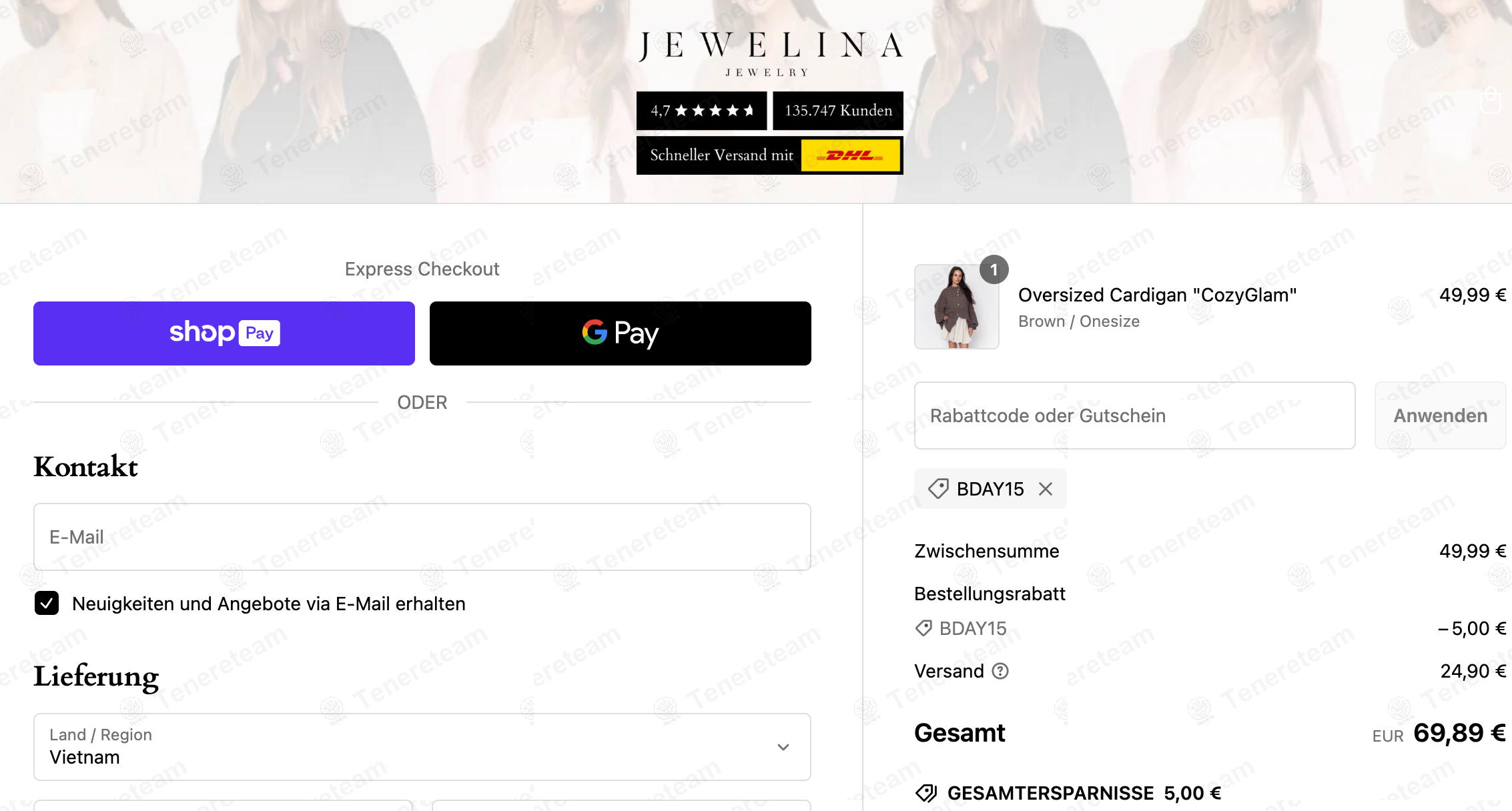 Jewelina apply coupon code