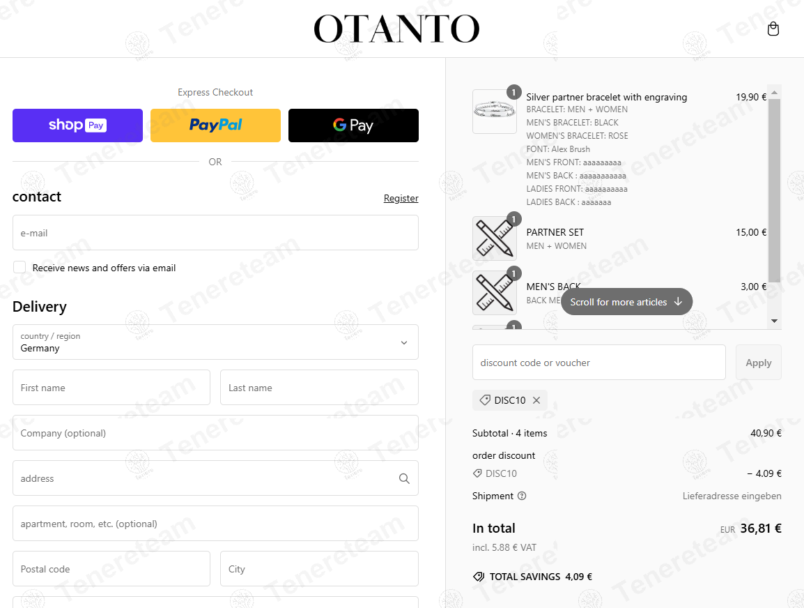 Otanto DE apply coupon code