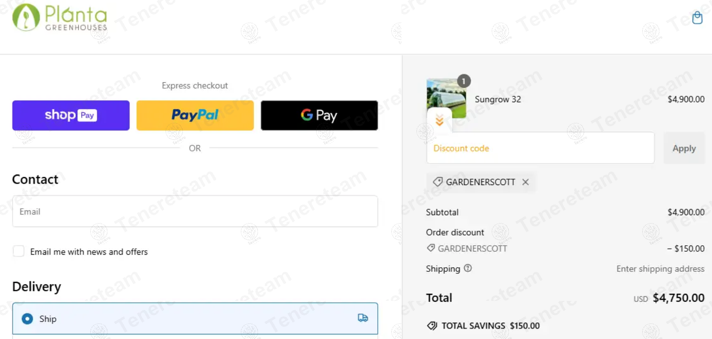 Planta Greenhouses CA apply coupon code
