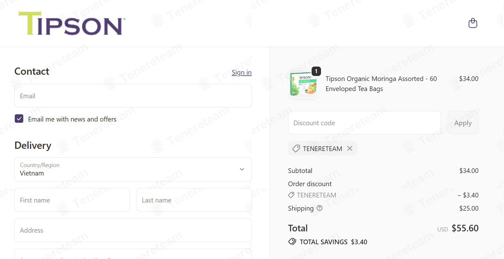 Tipson Tea apply coupon code