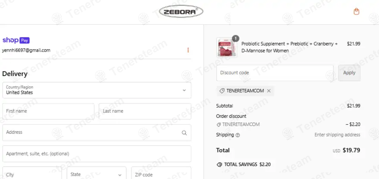 ZEBORA apply coupon code
